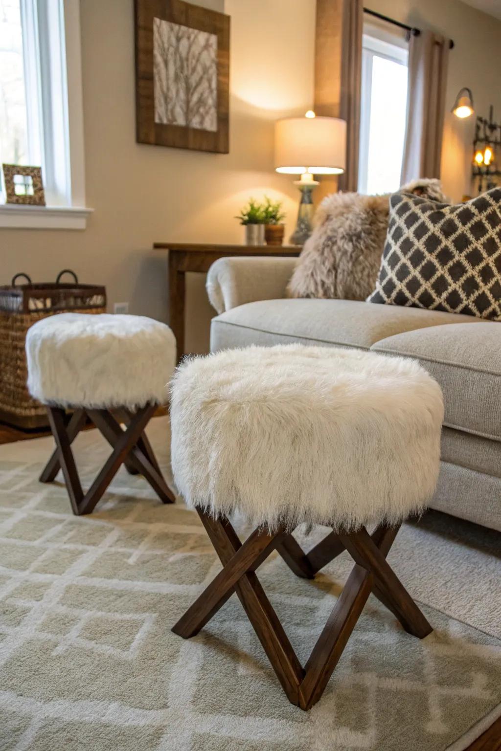Imitation fur stools contribute a lively and stylish flair to this room.