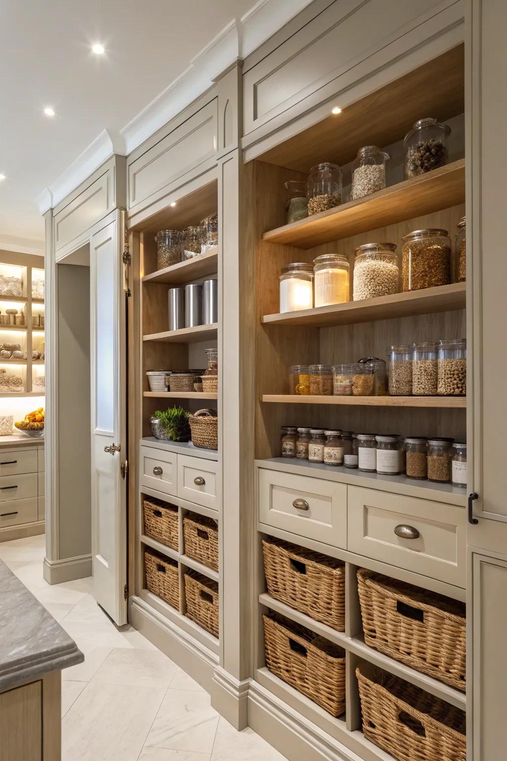 Luxury pantry with organized and efficient storage.
