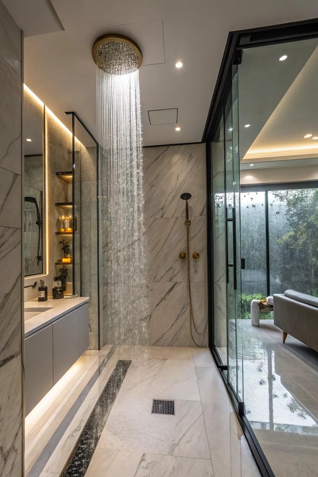 A luxury bathroom featuring a waterfall showerhead.