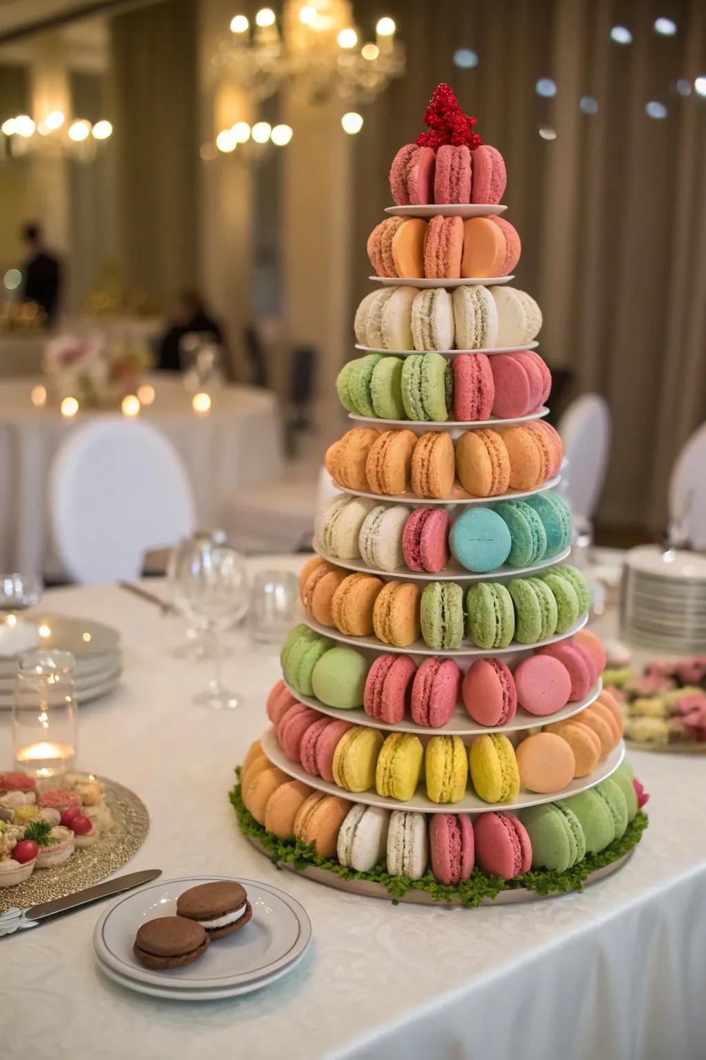 A macaron center decoration with varied heights and forms.
