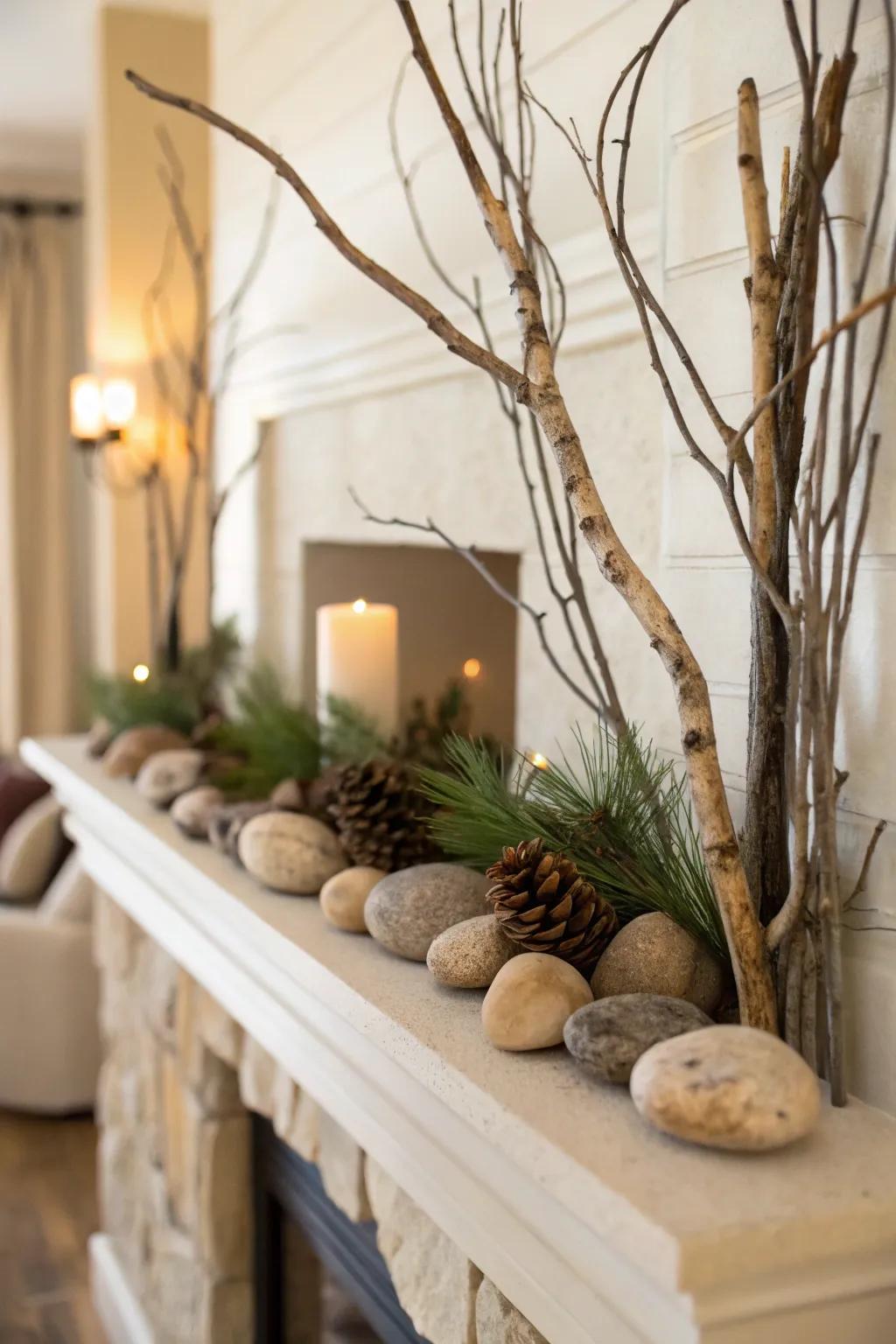 Natural elements add a grounded and organic feel to the mantel.