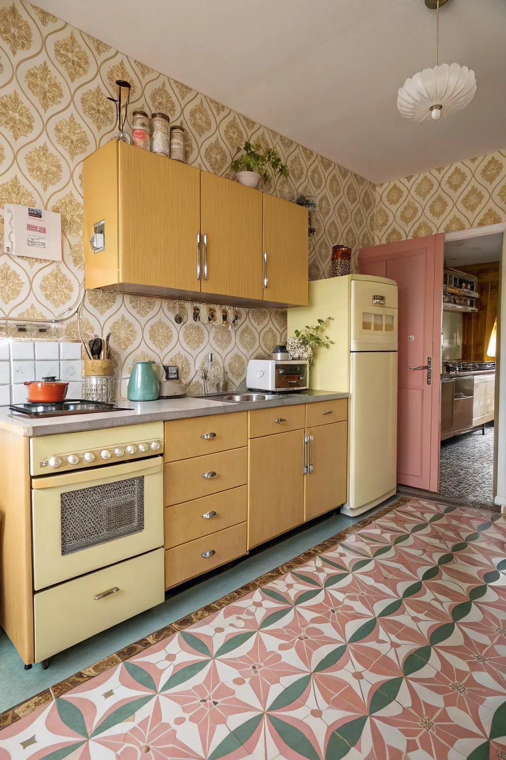 A retro-style kitchen with birch units, bringing back nostalgic charm.