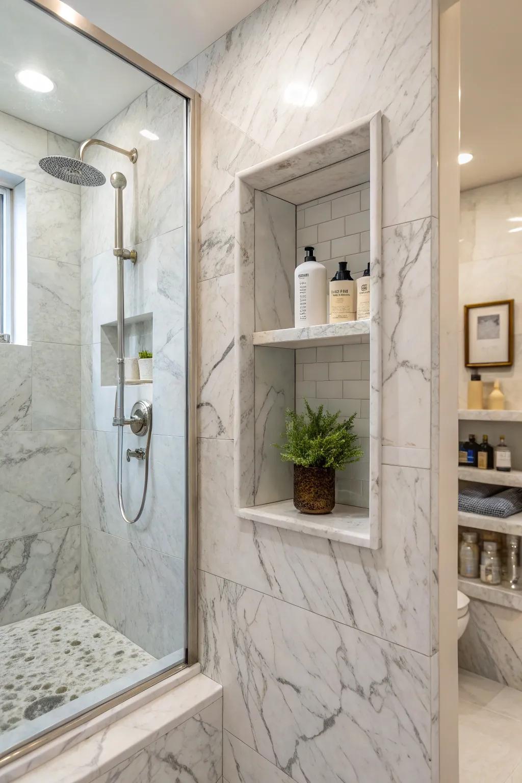 A luxurious artificial marble niche adds elegance to the shower area.