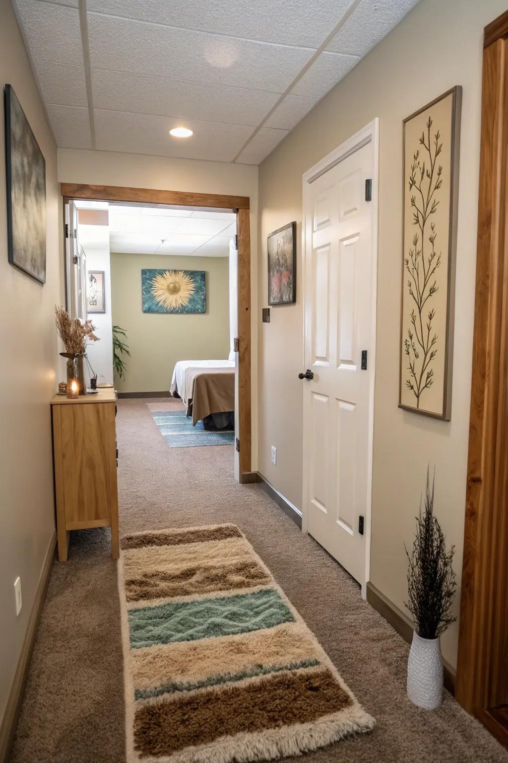 A welcoming entryway with soft decor greets clients in this massage space.