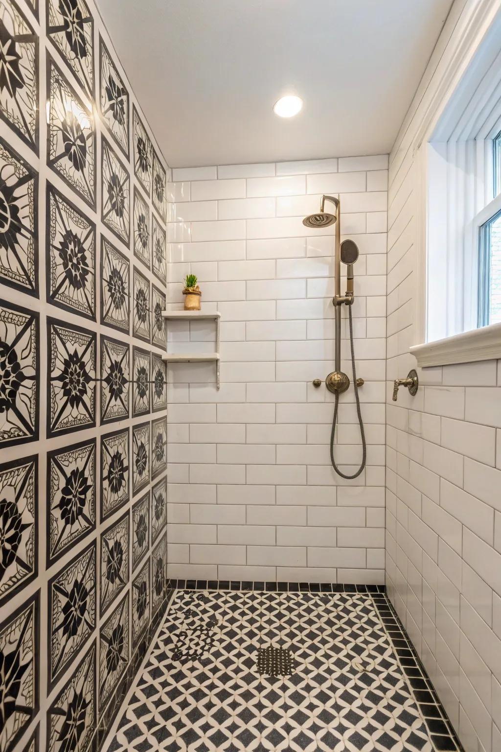 A walk-in shower with creative patterned tiling.