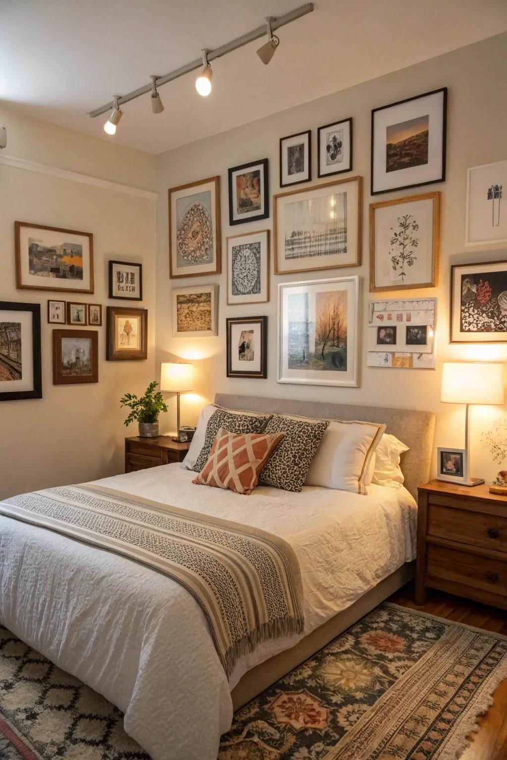 A boudoir featuring a curated gallery wall of art and photographs.