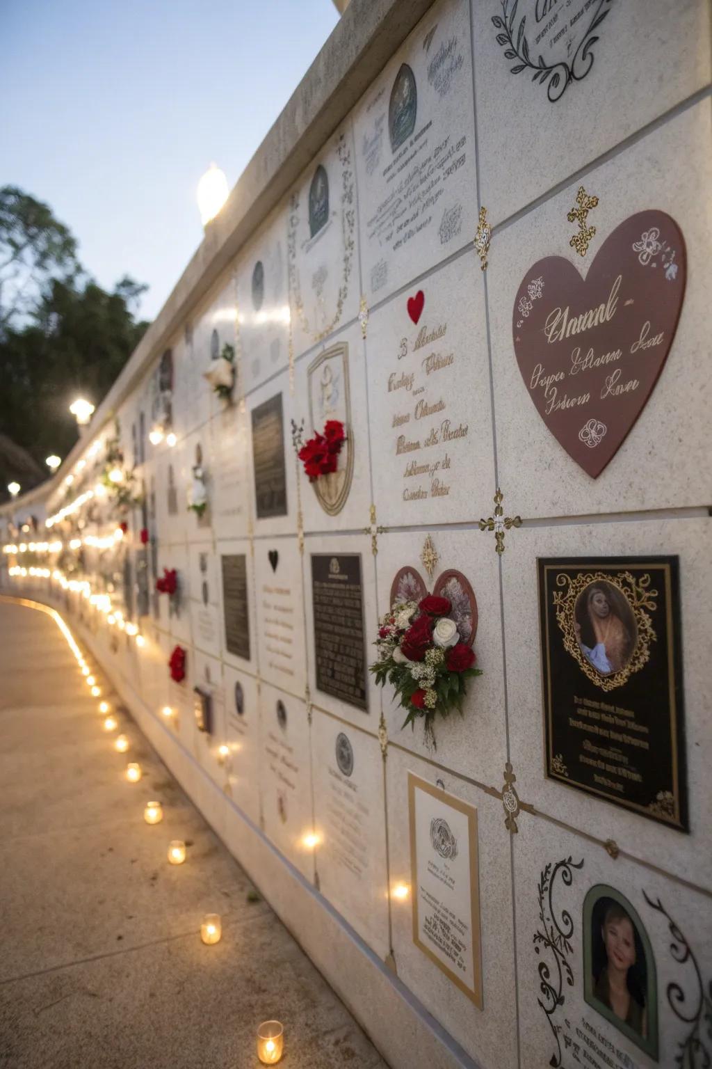 Partition embellishments conveying affection and recollections on a celebration space.