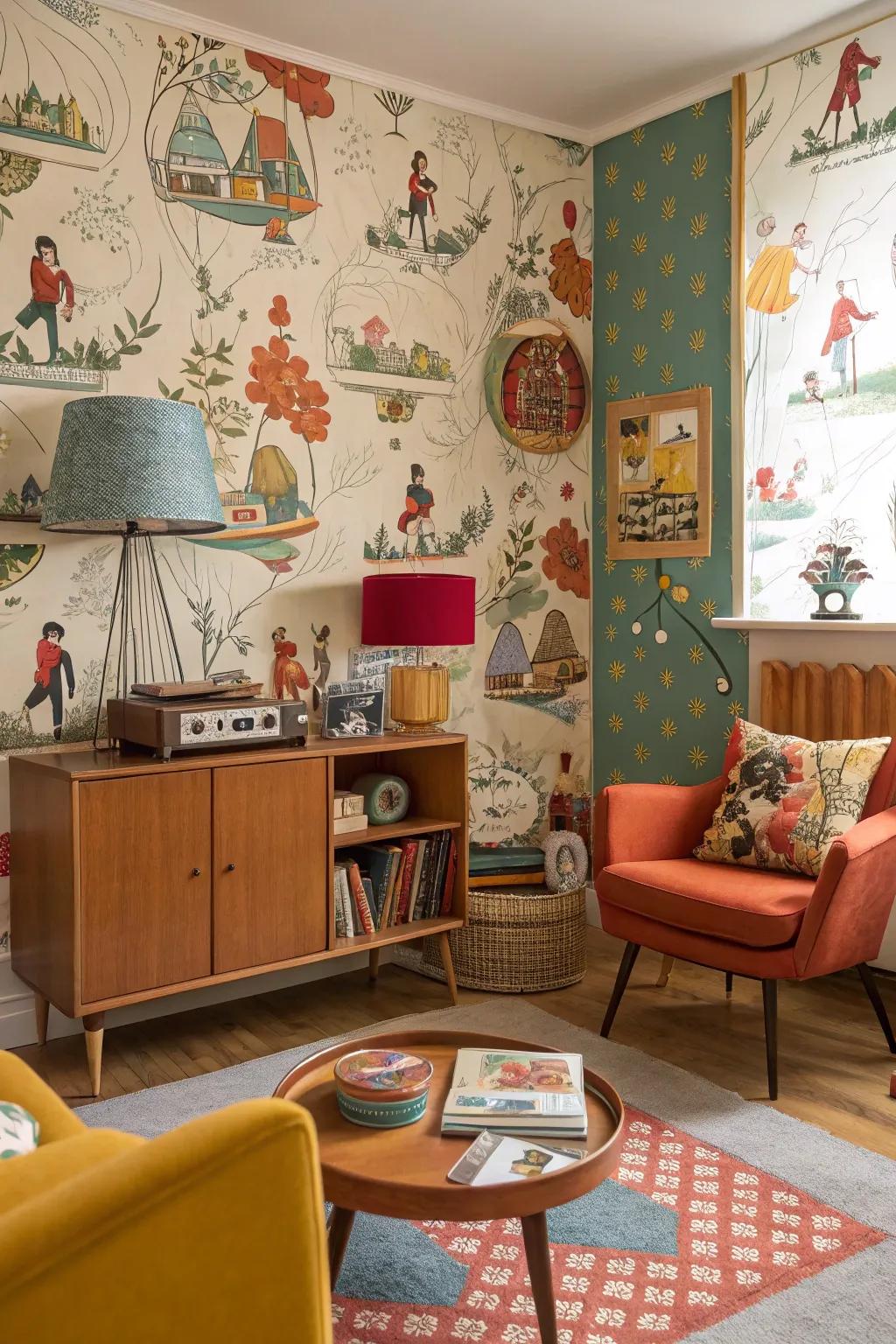 Creative space featuring nostalgic illustrative era wall covering.
