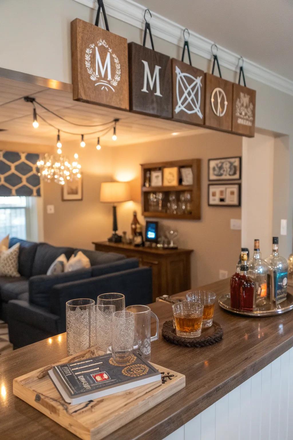 Custom details personalize and enhance a home bar’s charm.