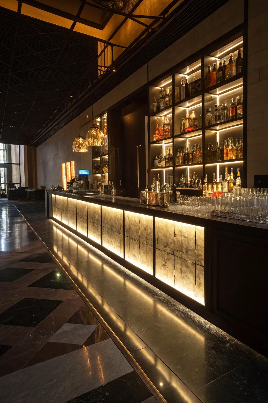 Floor illumination injects drama and depth into the home bar.