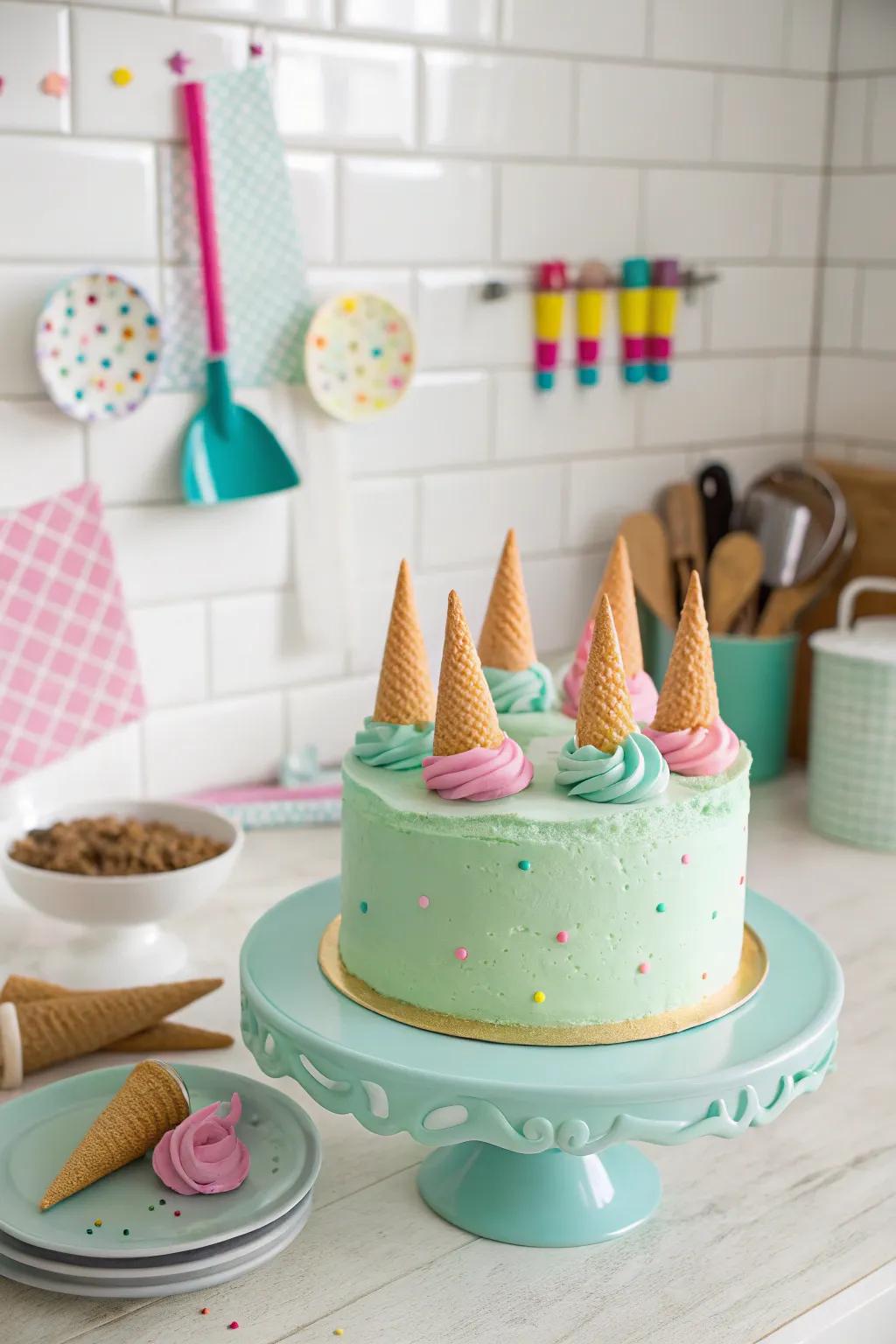 A seafoam confection featuring a fun frozen cream cone surprise.