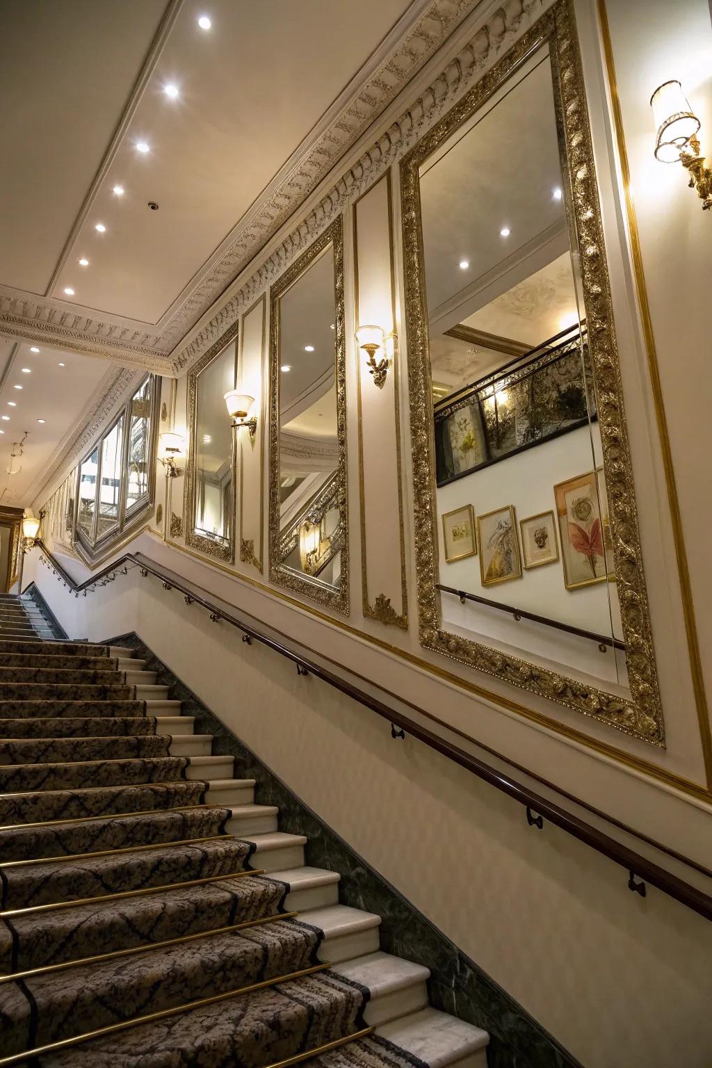 Mirrored staircase walls open up the space.