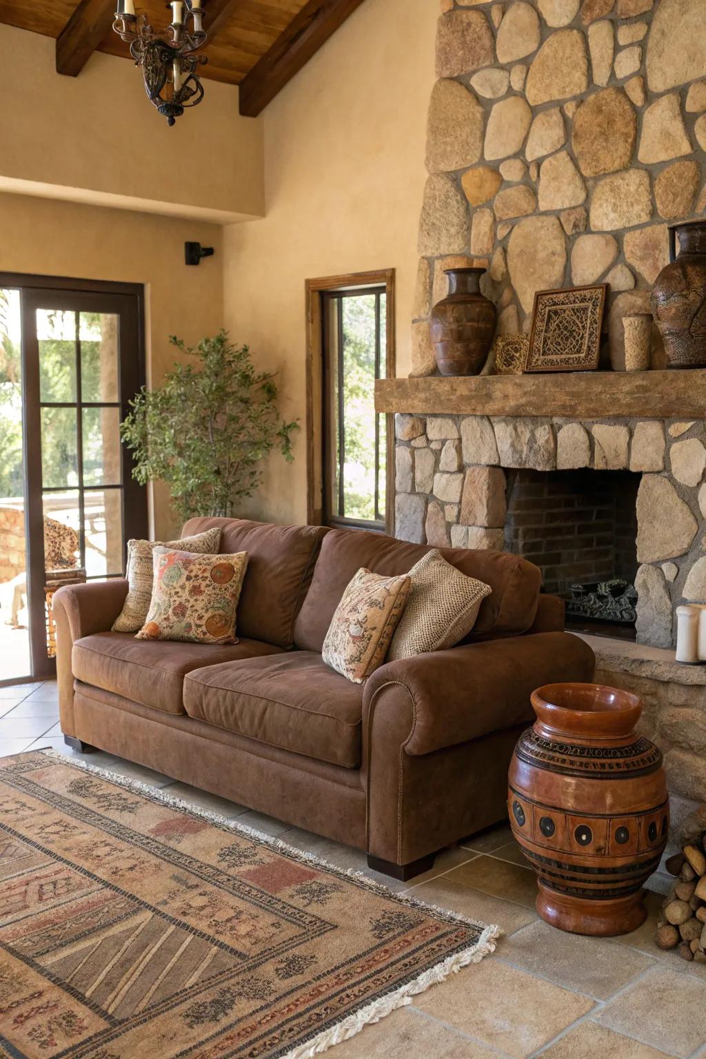 Earthy components elevate the natural vibe across the cocoa-colored sofa.