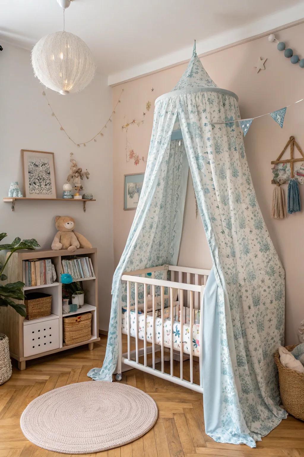 A dreamy canopy throws some magic over the cot.