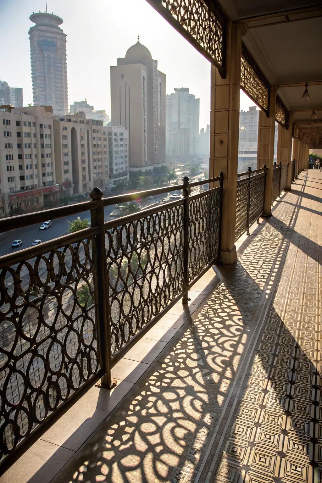 Balcony railing showcasing patterned alloy sheets against an urban backdrop