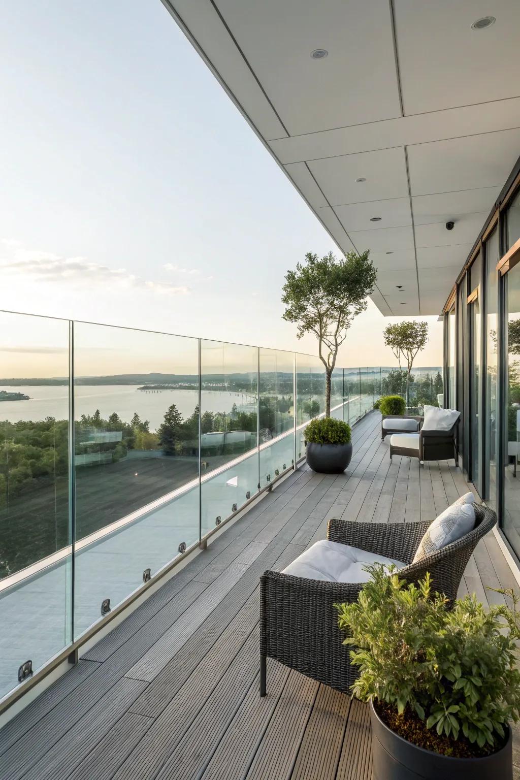 A deck with glass railings for a seamless connection to the outdoors.