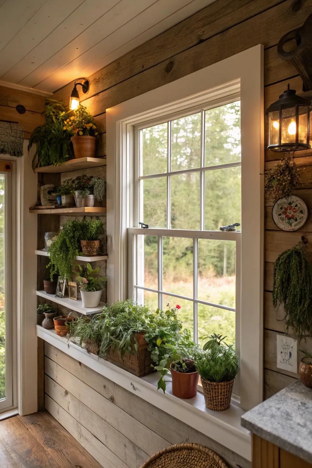 Integrated shelving with window outlining for added utility.