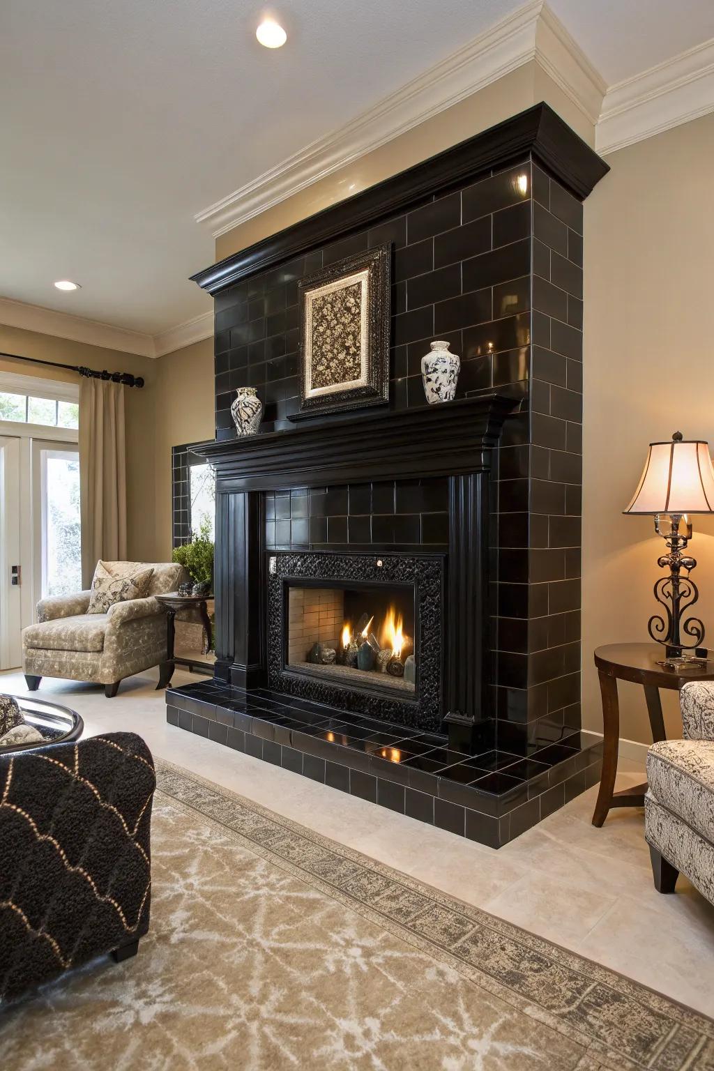 Dramatic dark tile fireplace as a focal point.