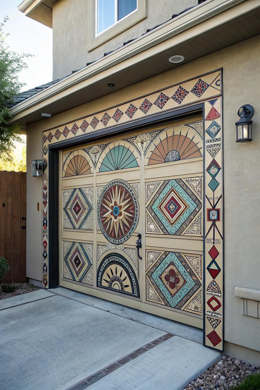Geometric motifs evoke visual fascination on garage entryways.