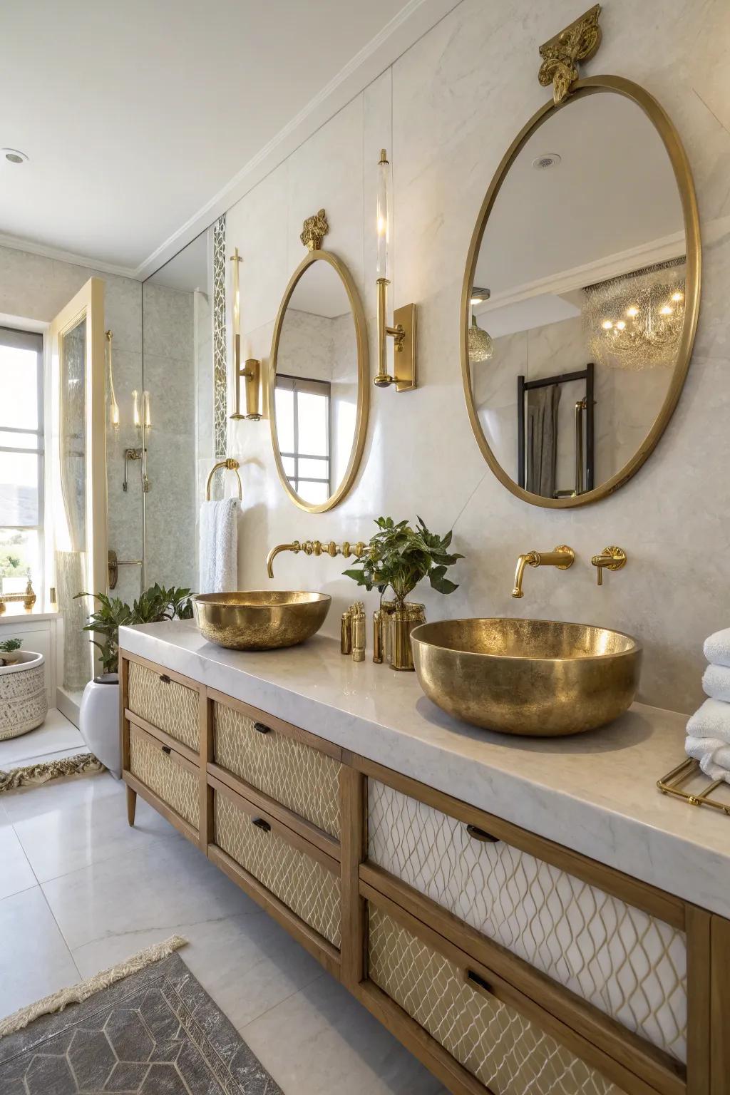 A bathroom accented with gold metallic fixtures for a dash of glamour.
