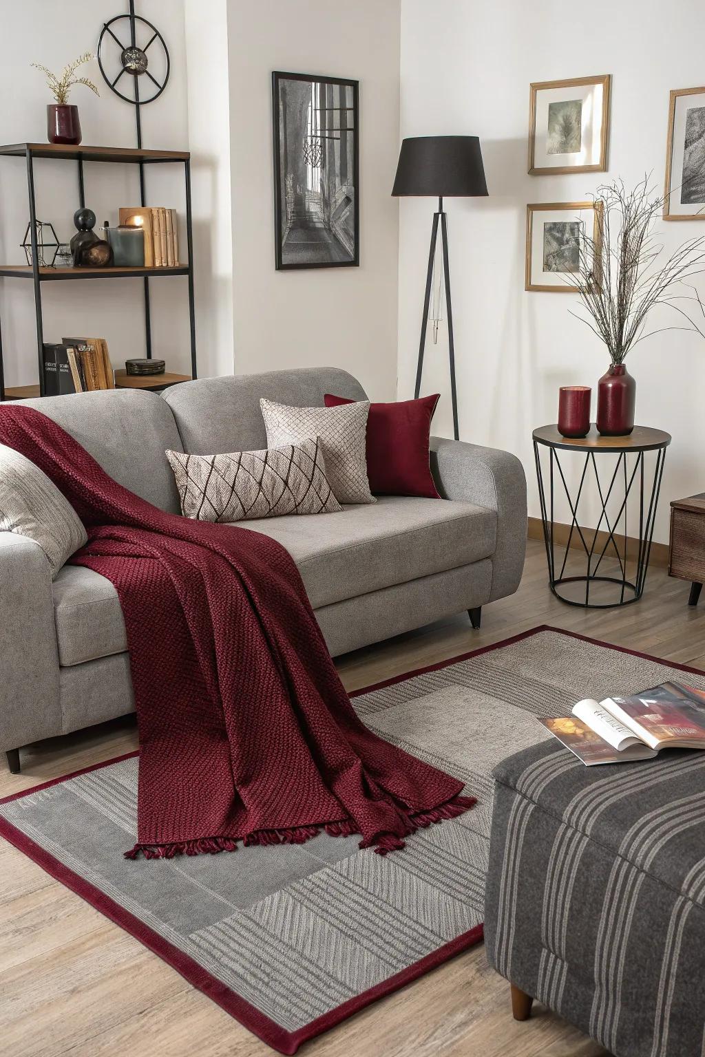 Living area featuring layered slate and wine textiles along with modern decor.