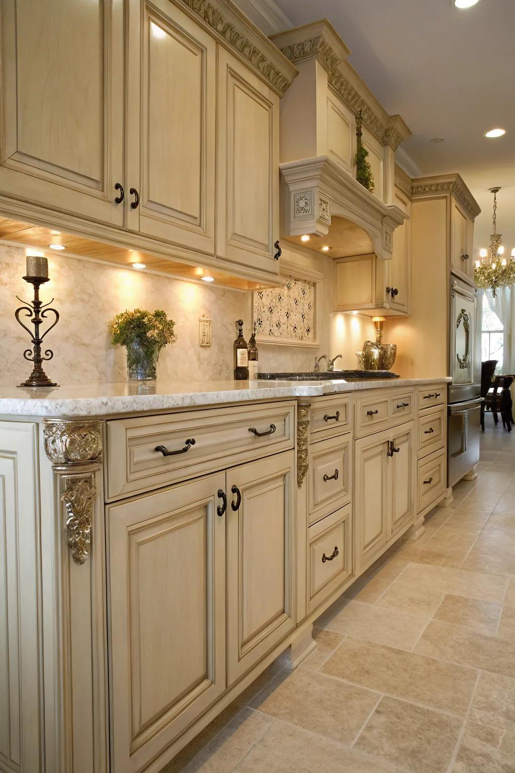 Subtle decorative elements enhance the elegance of cream-colored pecan wood cabinets.