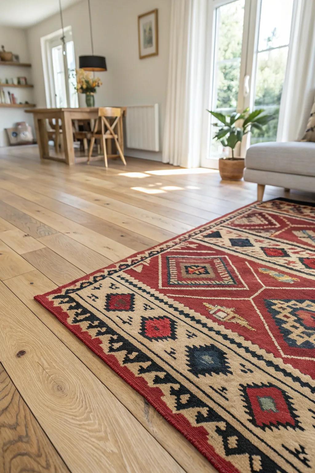 Patterned rugs add depth and interest to pale timber flooring.