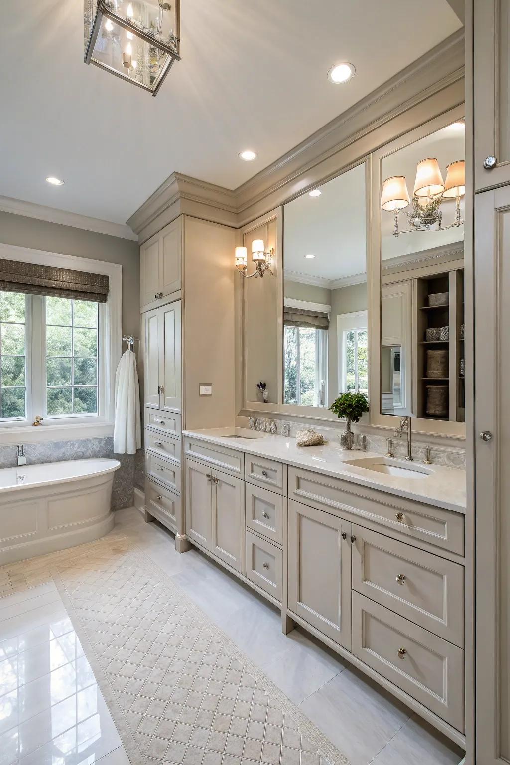Bespoke storage systems keep the bathroom tidy and fashionable.