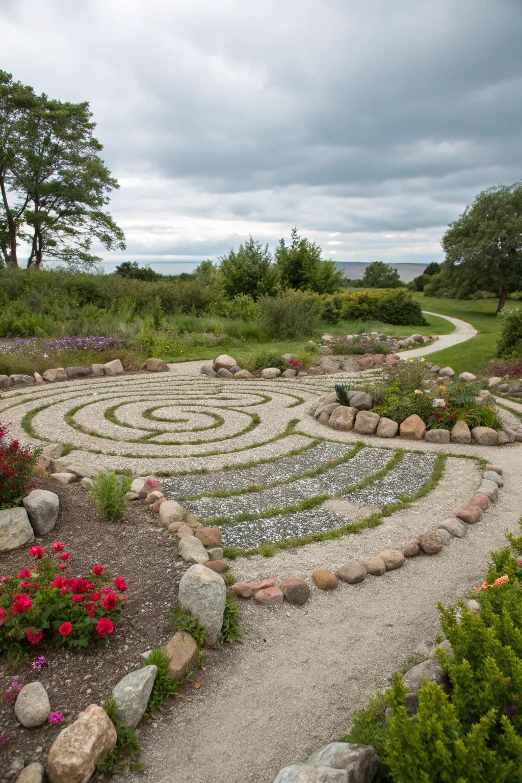 A stone labyrinth presents a path for meditation and reflection.