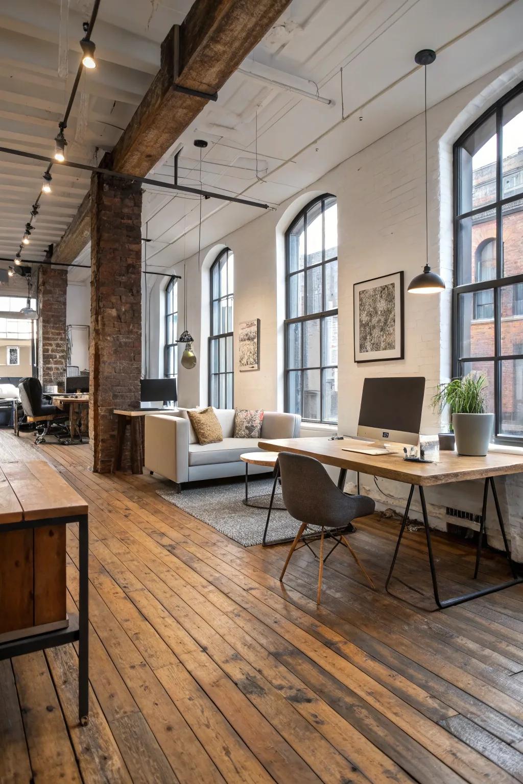 Countryside flooring grounds the design and introduces warmth to the office.