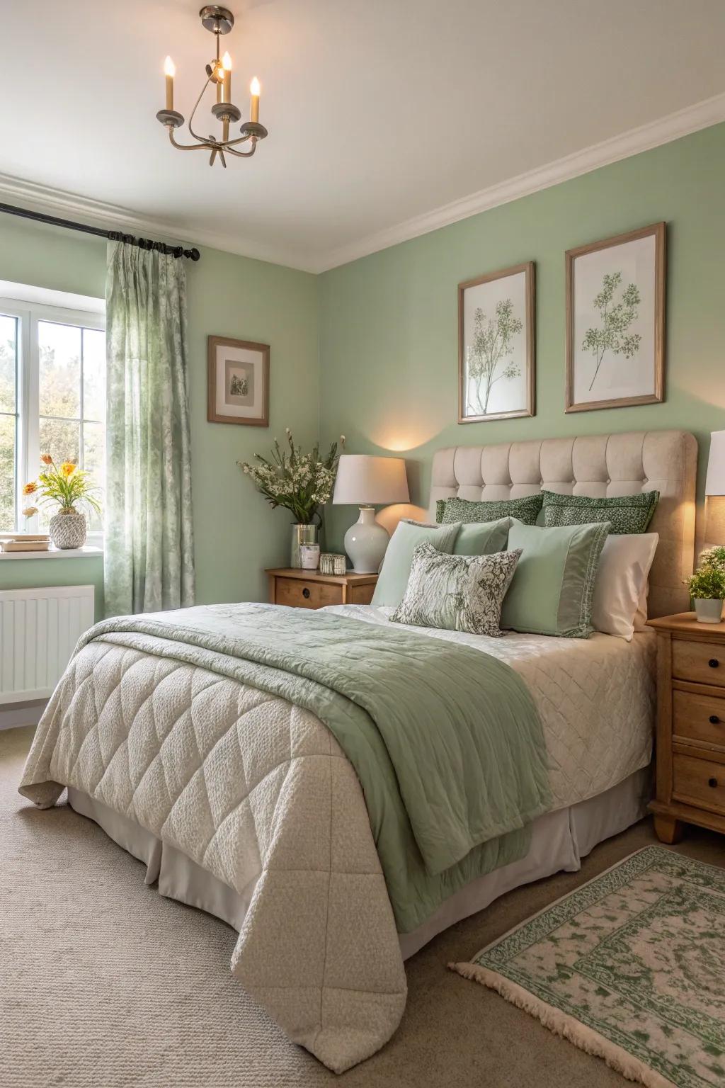Soft lighting with avocado hues enhances the room’s tranquility.