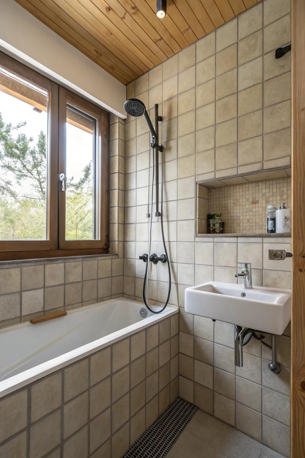 Wall-mounted spouts liberate area inside this compact bathroom.