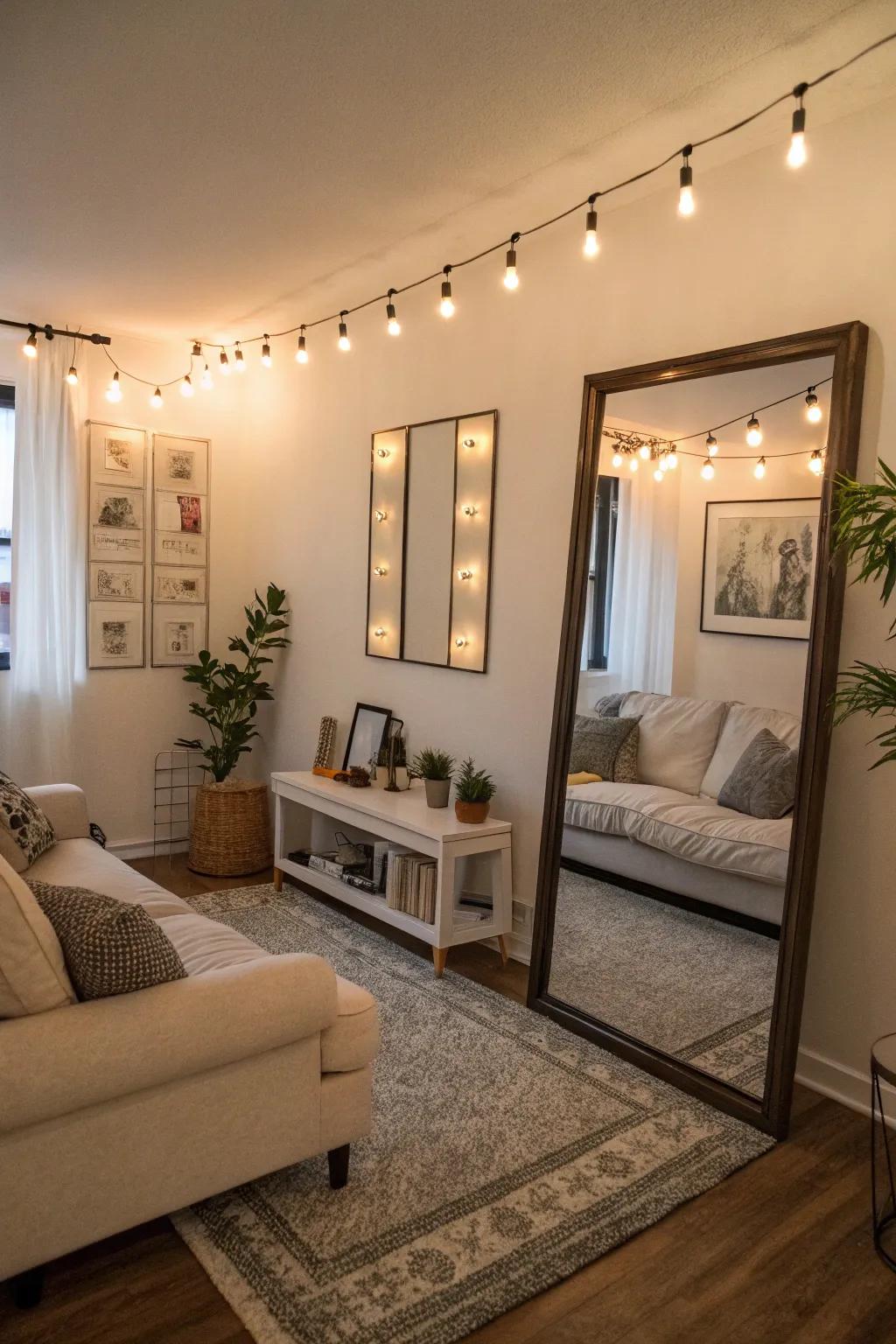 A small gathering spot using looking glasses to reflect light and broaden area.