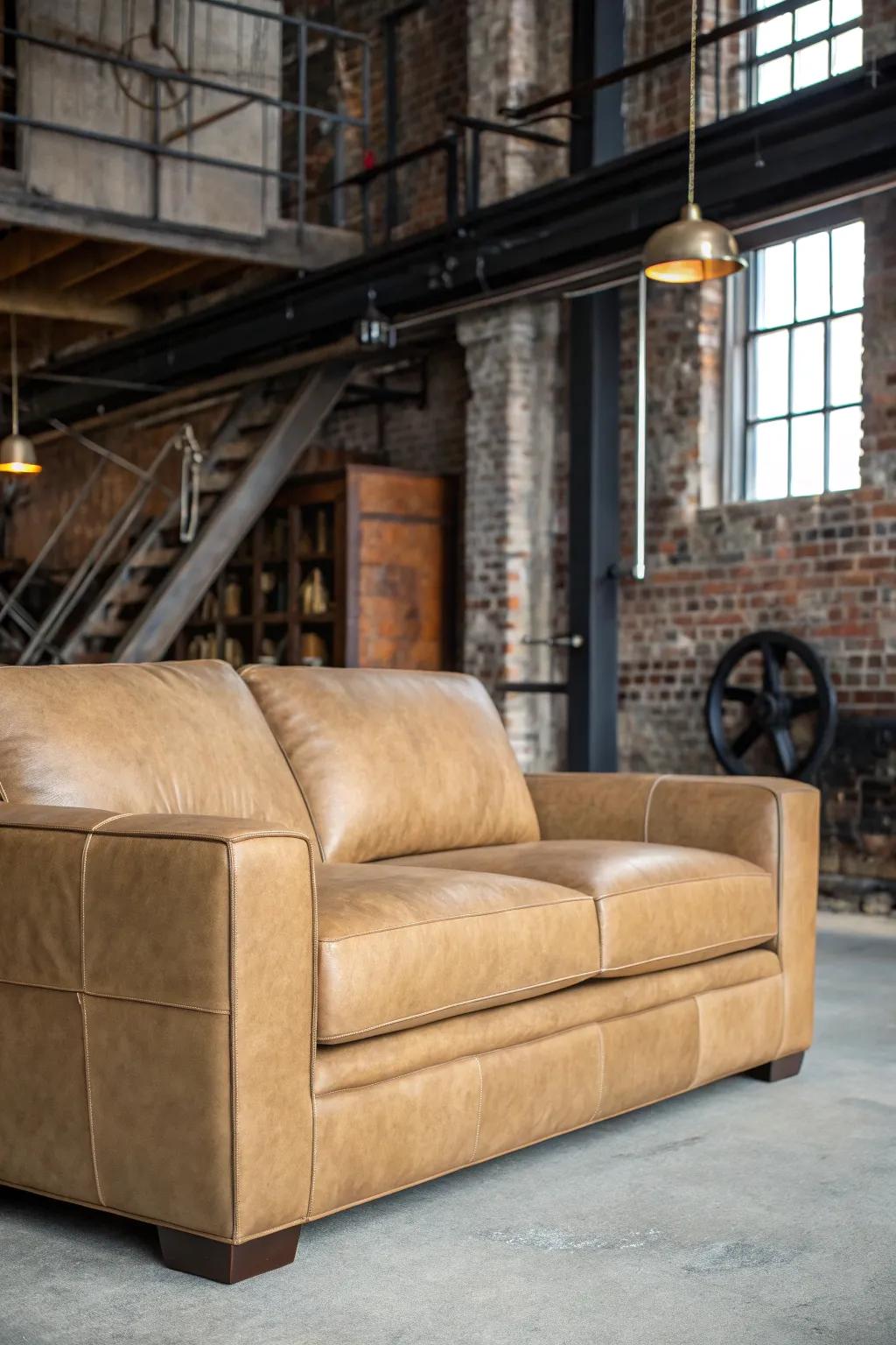 Industrial chic components contribute an edge to a lounge area.