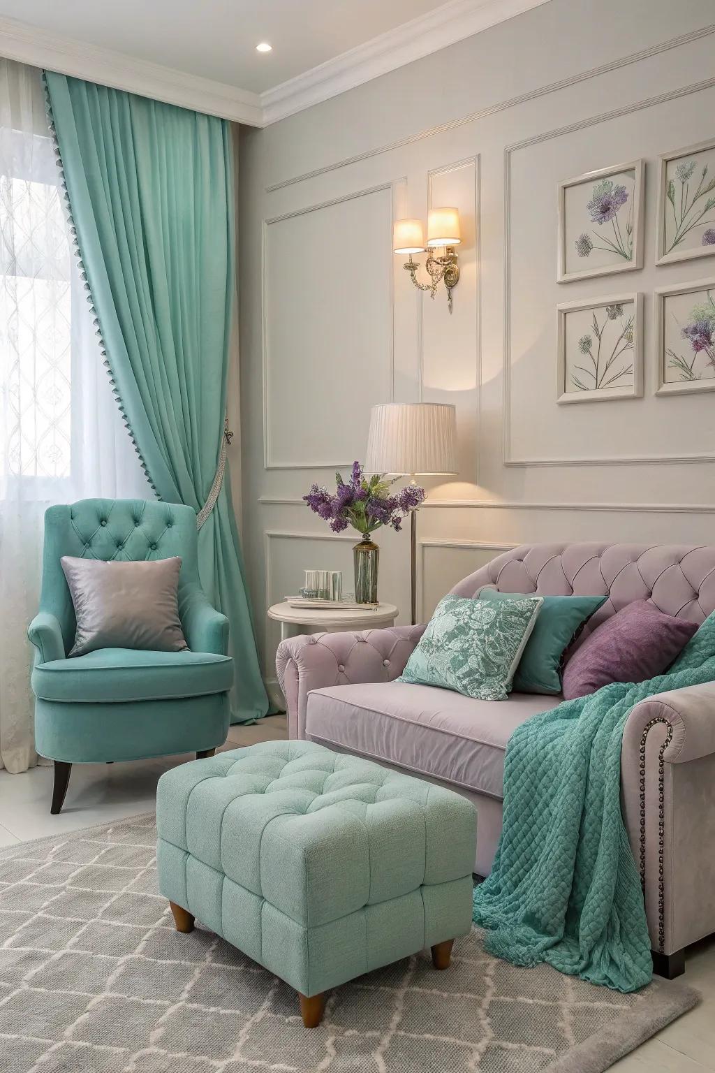 Gentle lavender adds serenity to an aquamarine and ash family room.