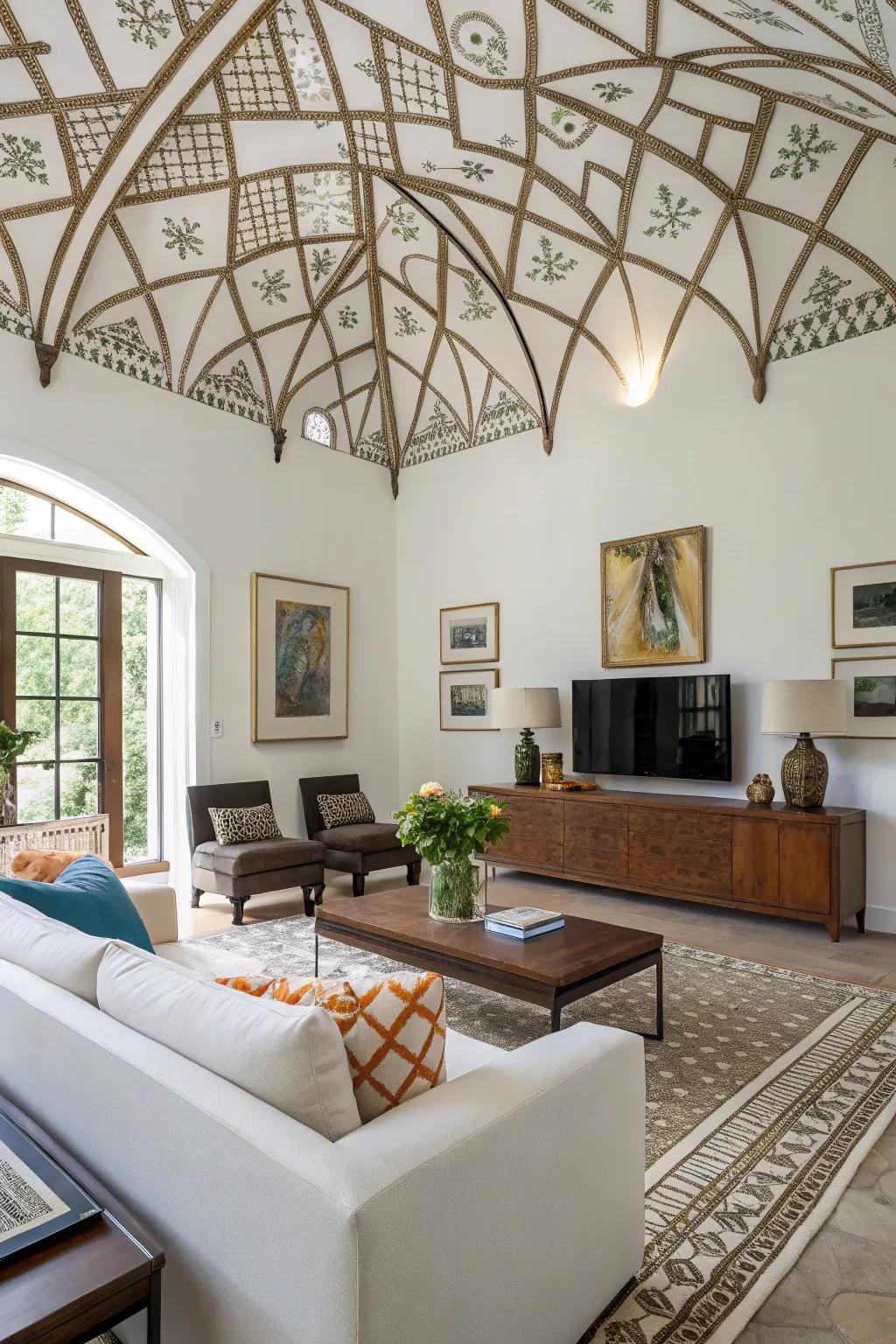 Geometric patterns add a modern edge to this stylish vaulted ceiling room.
