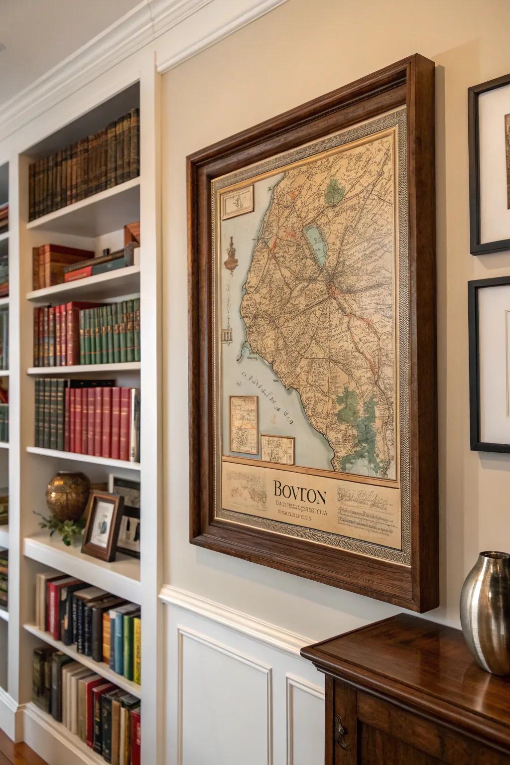 A traditional map of Boston adds history to a reading space.