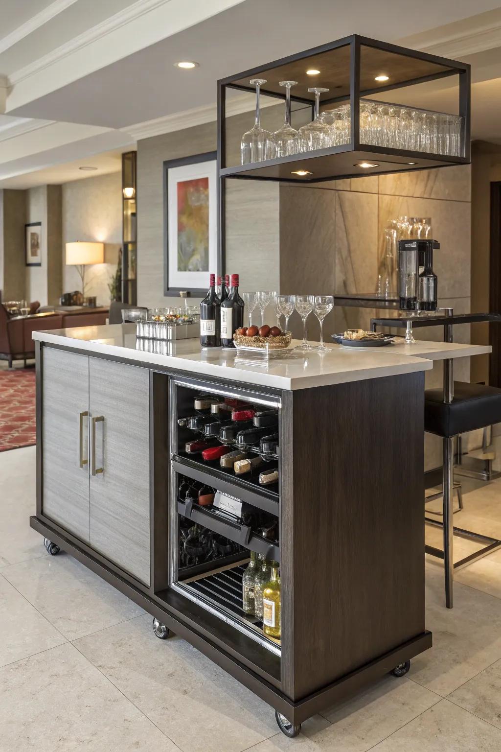 A bar trolley appends versatility to your home bar configuration.