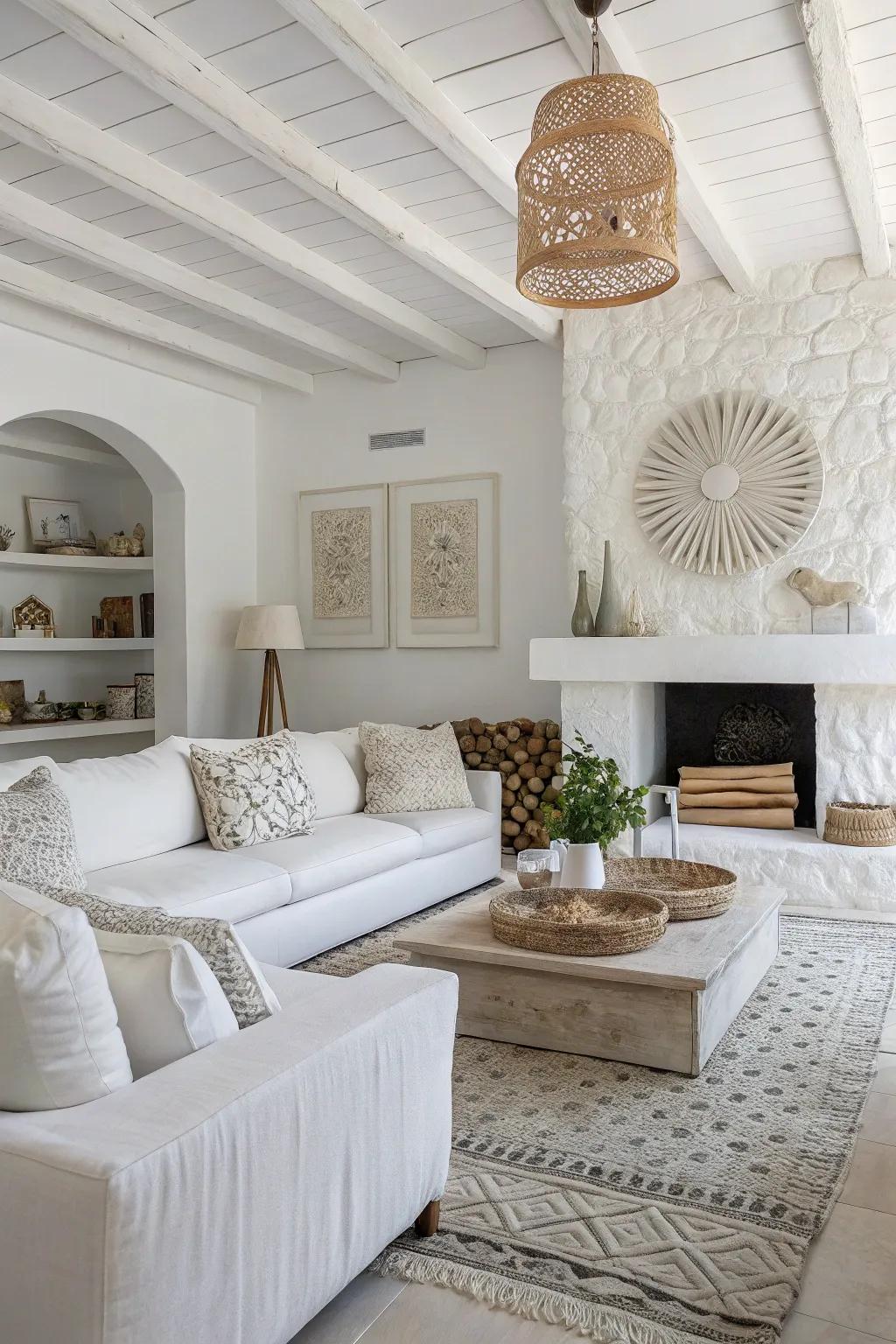 Layered textures fashion a snug sensation in a white lounge.