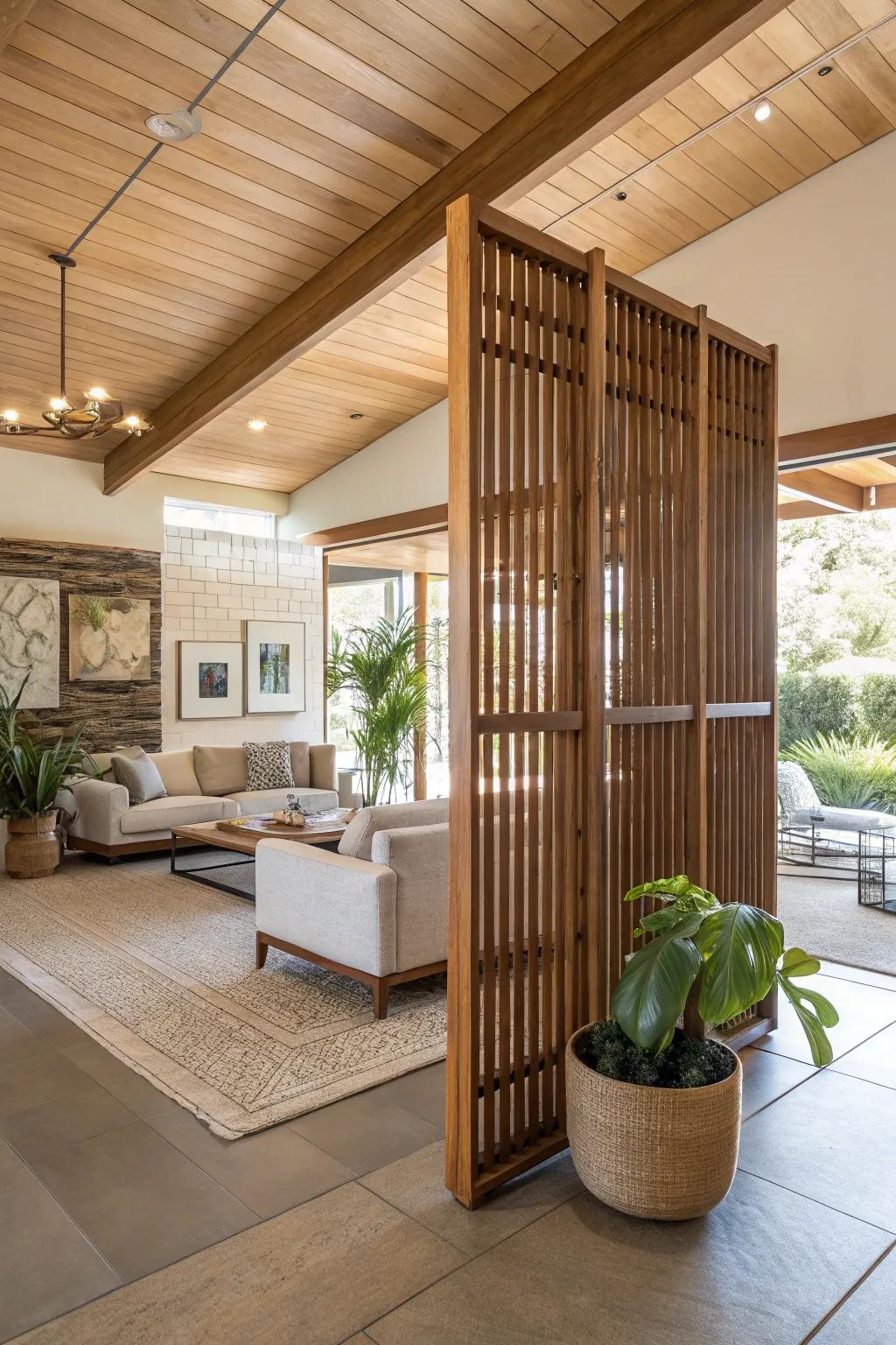 Clearly define sections using a wood slat wall.