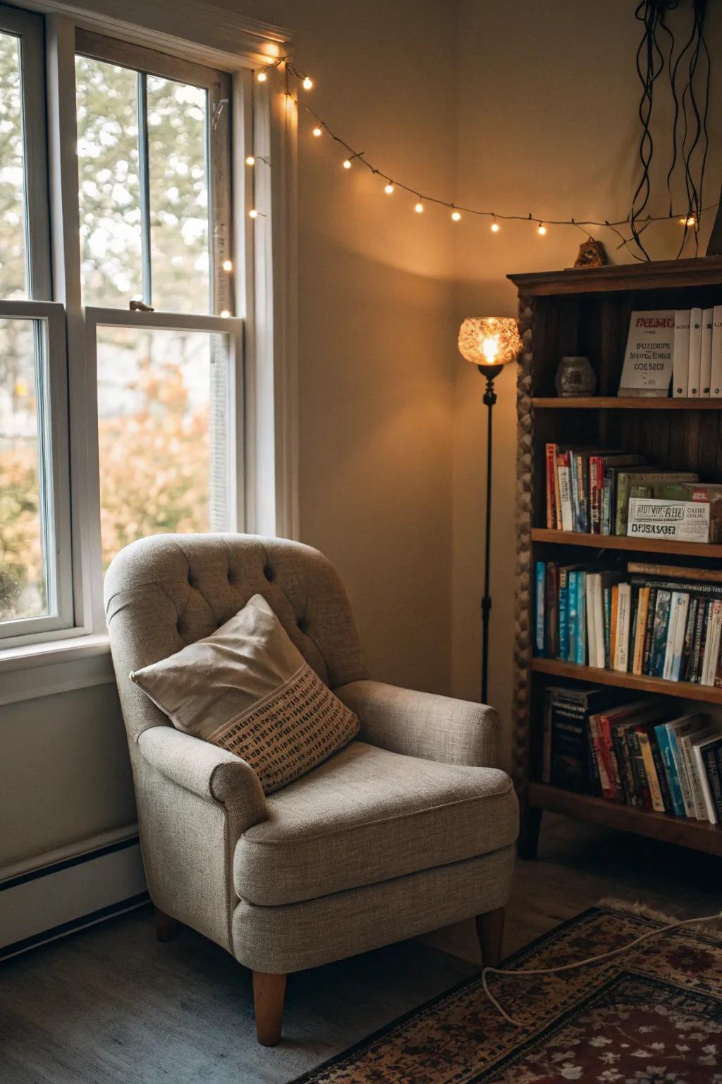 A reading area presents a snug escape within a room.