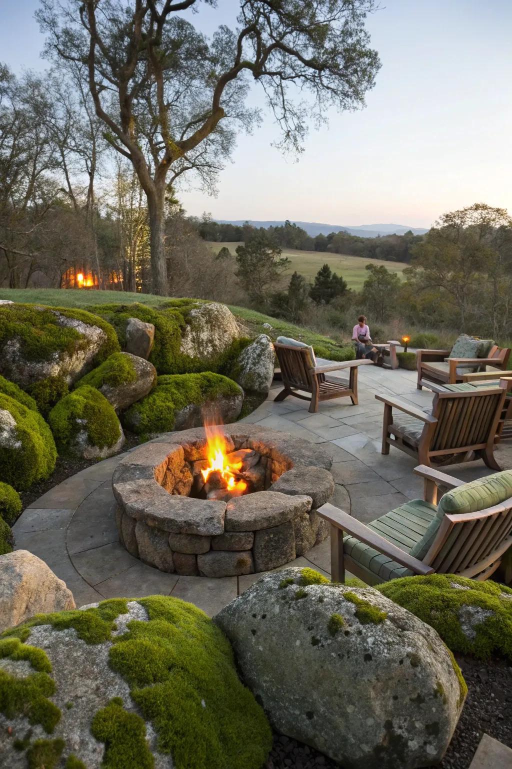 An inviting campfire area framed by vibrant algae stones.