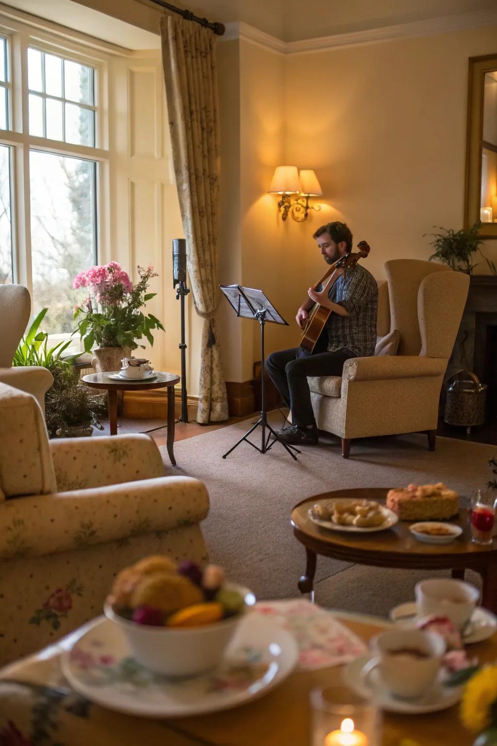Ambient melodies or a curated playlist adds a harmonious touch to your tea celebration.