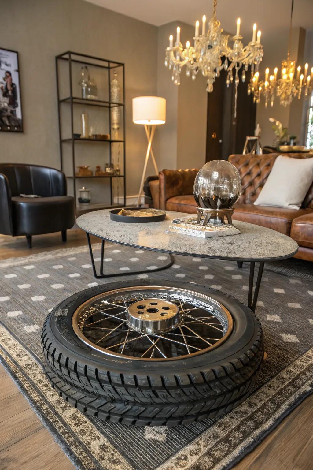 An extraordinary coffee table designed from a motorbike wheel.