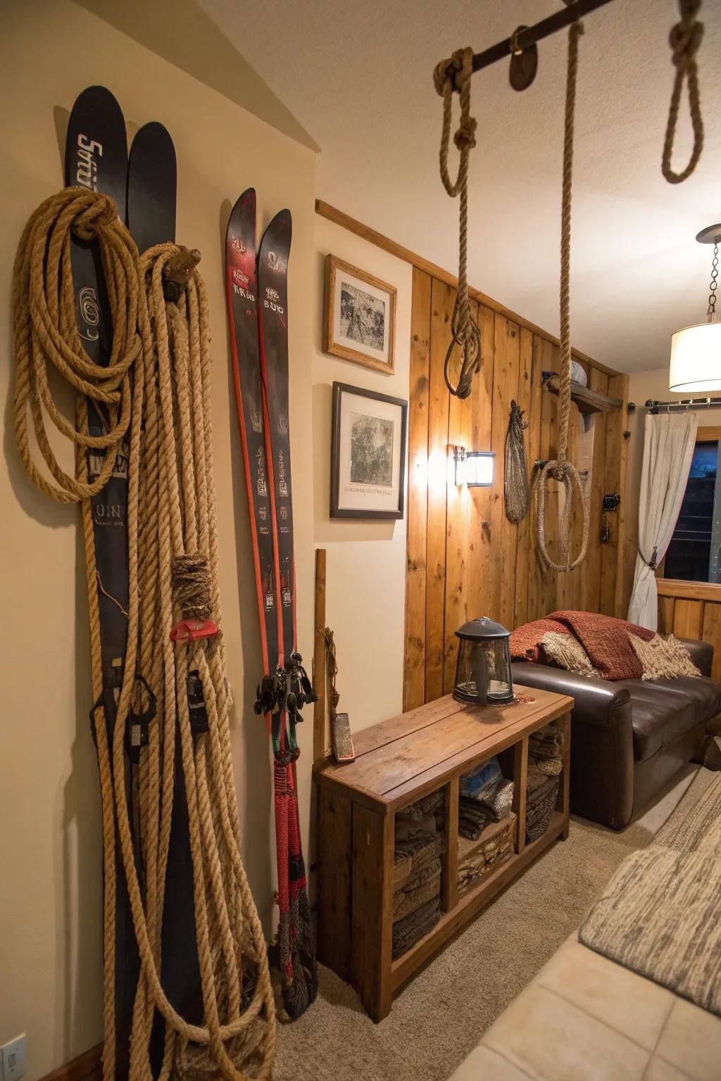 A room with distinctive design using repurposed mountain equipment.