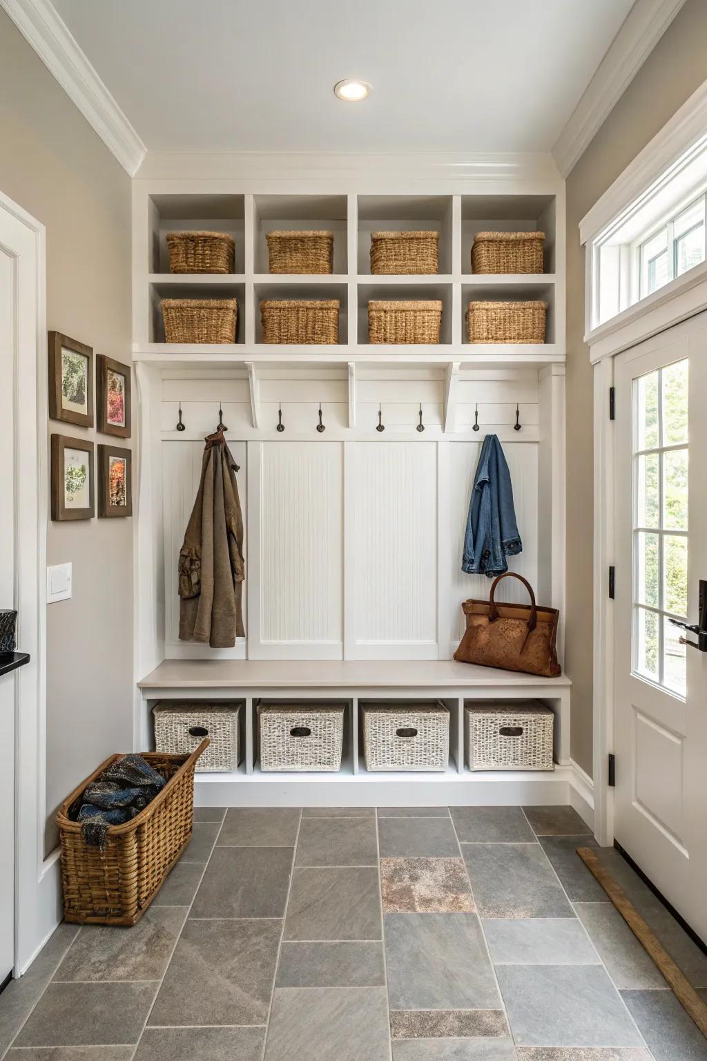 Entryway with symmetrical decor that cultivates a stable and harmonious aesthetic.