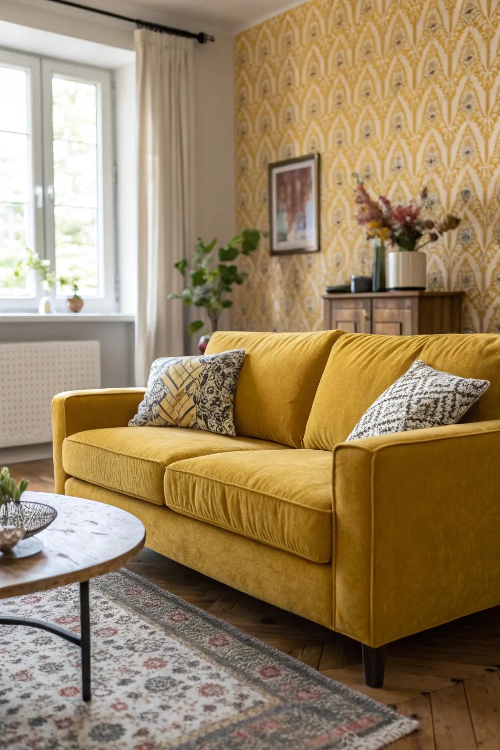 Patterned wallpaper creates an engaging backdrop.