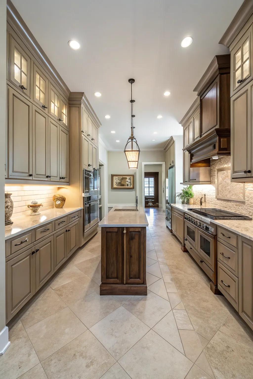 Symmetry provides visual harmony in narrow kitchens.