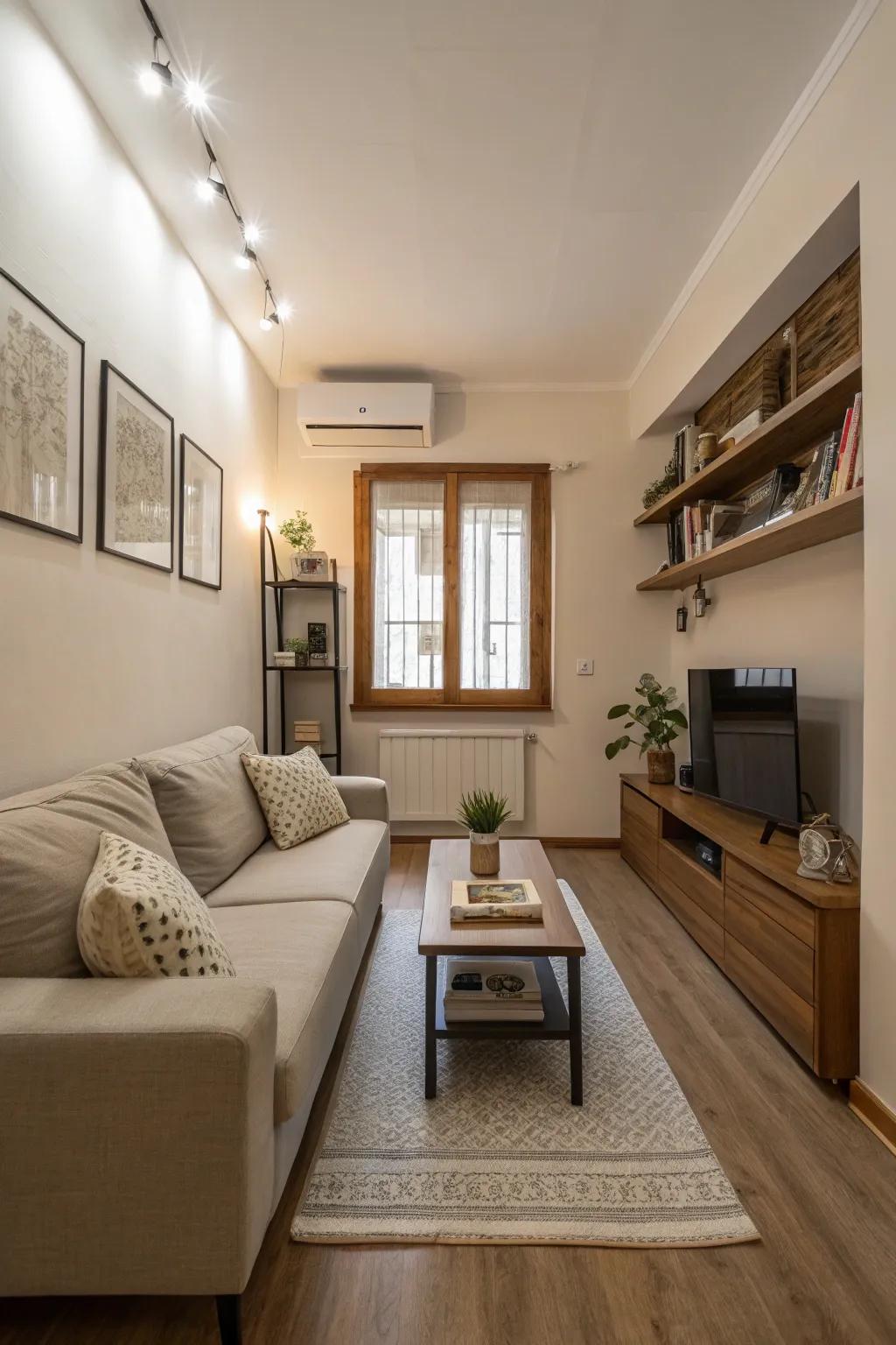 Furniture that doesn't impede sight in a slender living room.