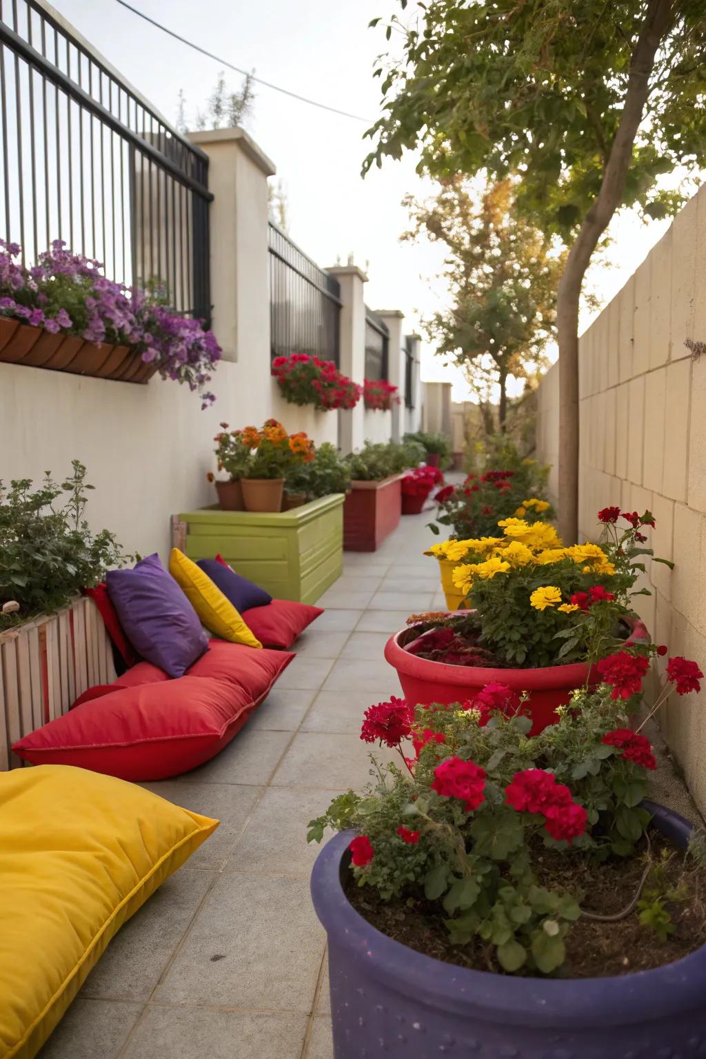 Bold shades bring vitality and energy to a narrow side yard.